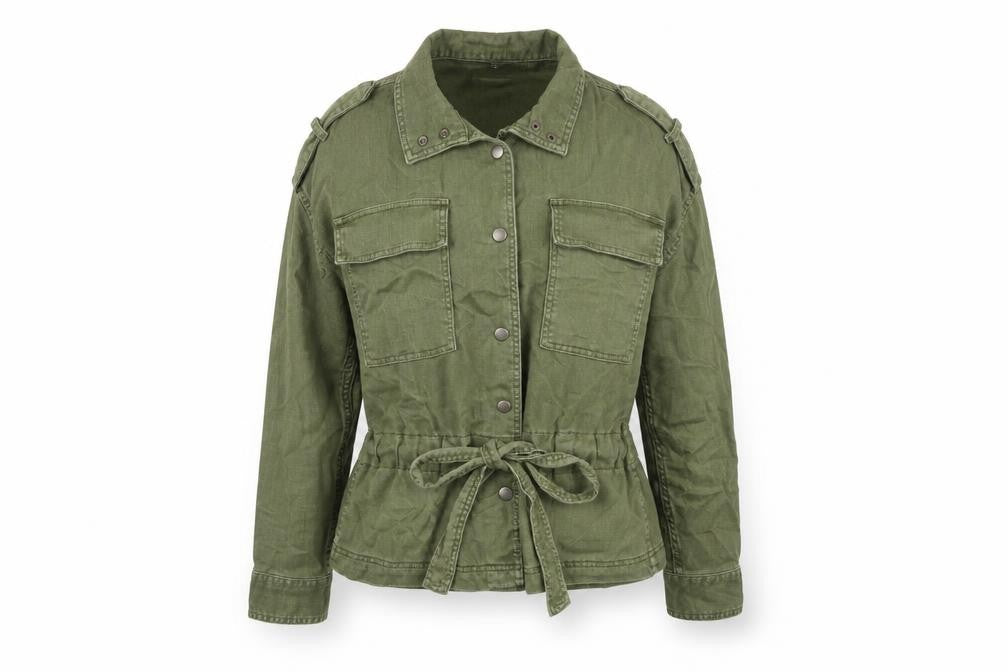 Front view of Marks & Spencer women’s green jacket, size UK 10, button