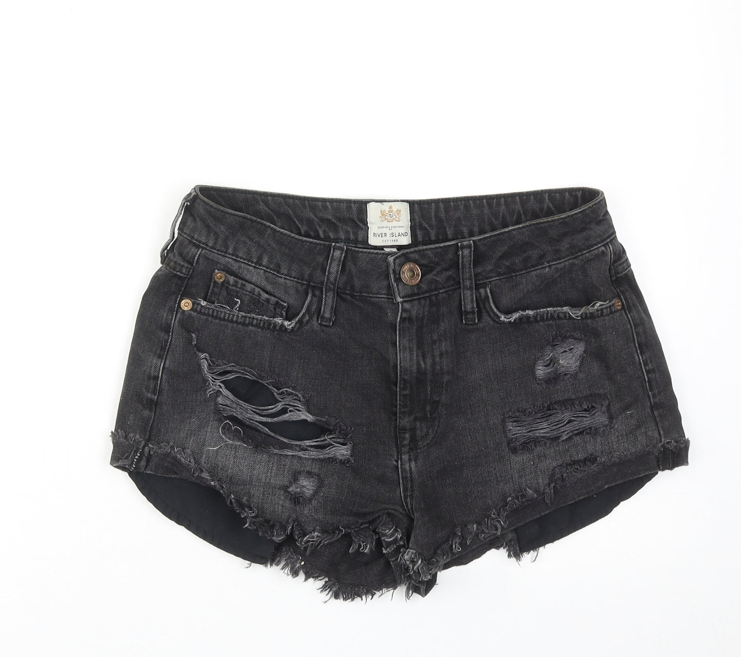 River Island Womens Black Cotton Hot Pants Shorts Size 8 Regular Zip - Distressed