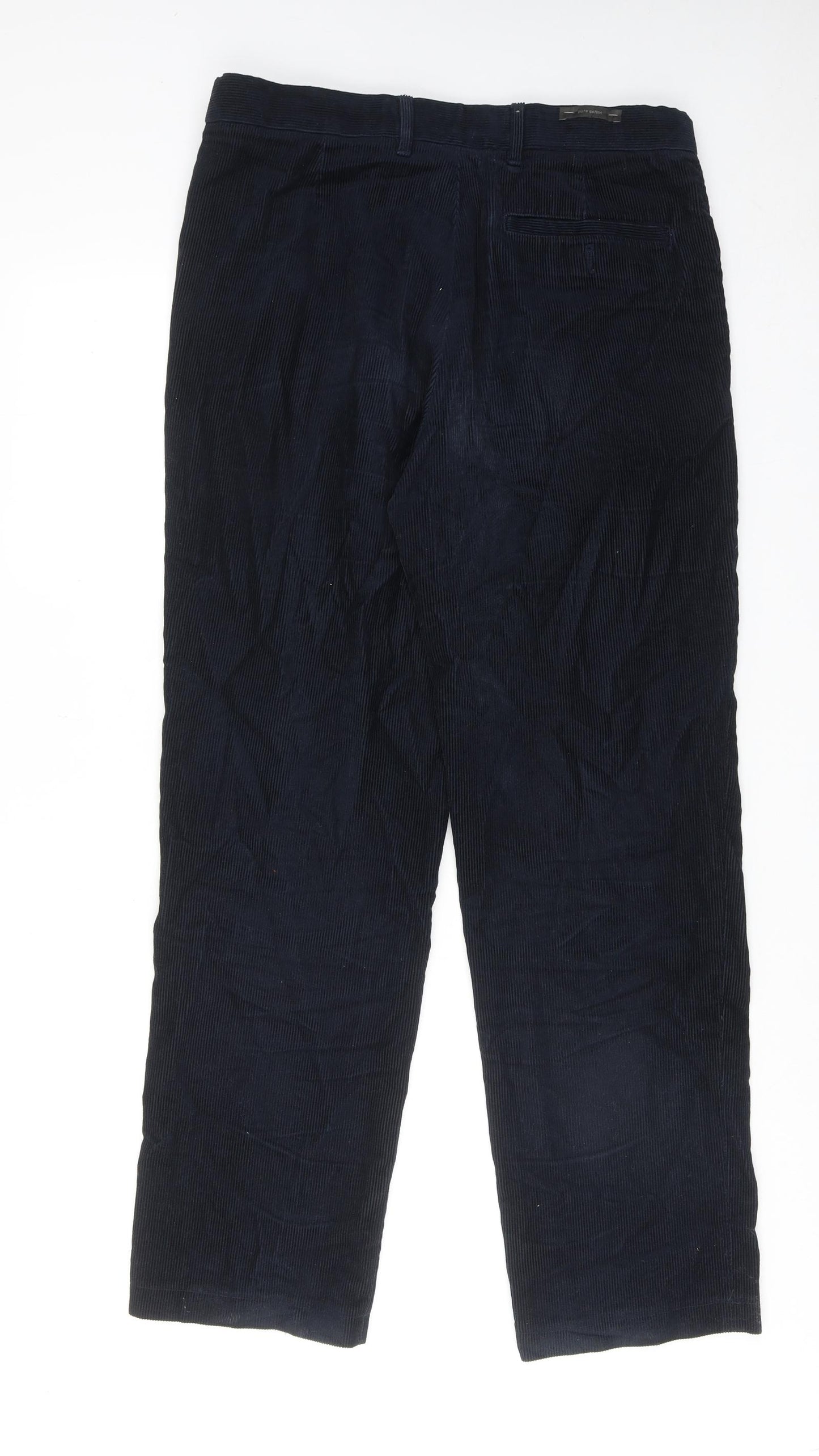 Marks and Spencer Mens Blue Cotton Trousers Size 32 in L33 in Regular Zip