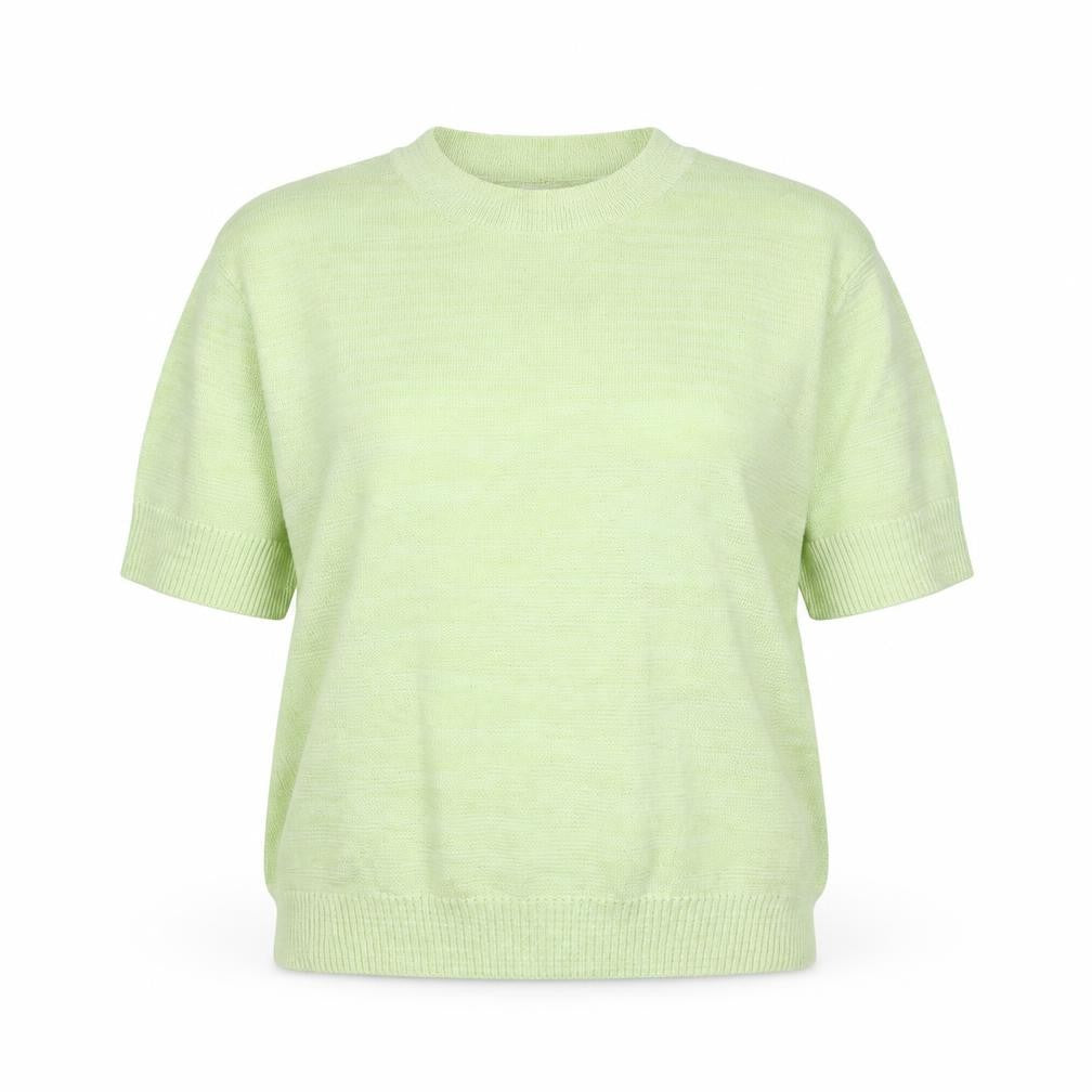 Front view of Club Monaco women’s green crew neck polyester jumper, size XS, pullover