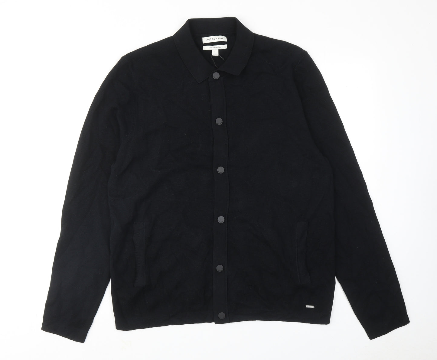 Autograph Mens Black Cotton Button-Up Size L Collared Button