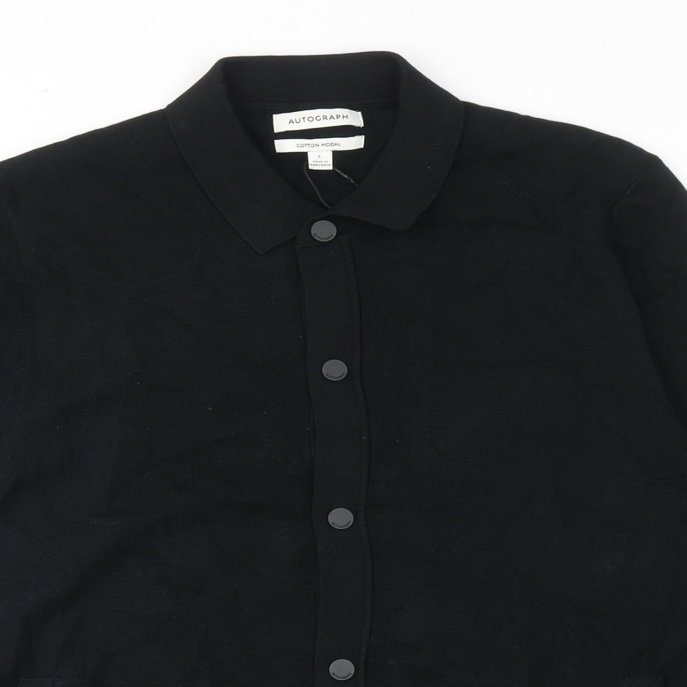 Autograph Mens Black Cotton Button-Up Size L Collared Button