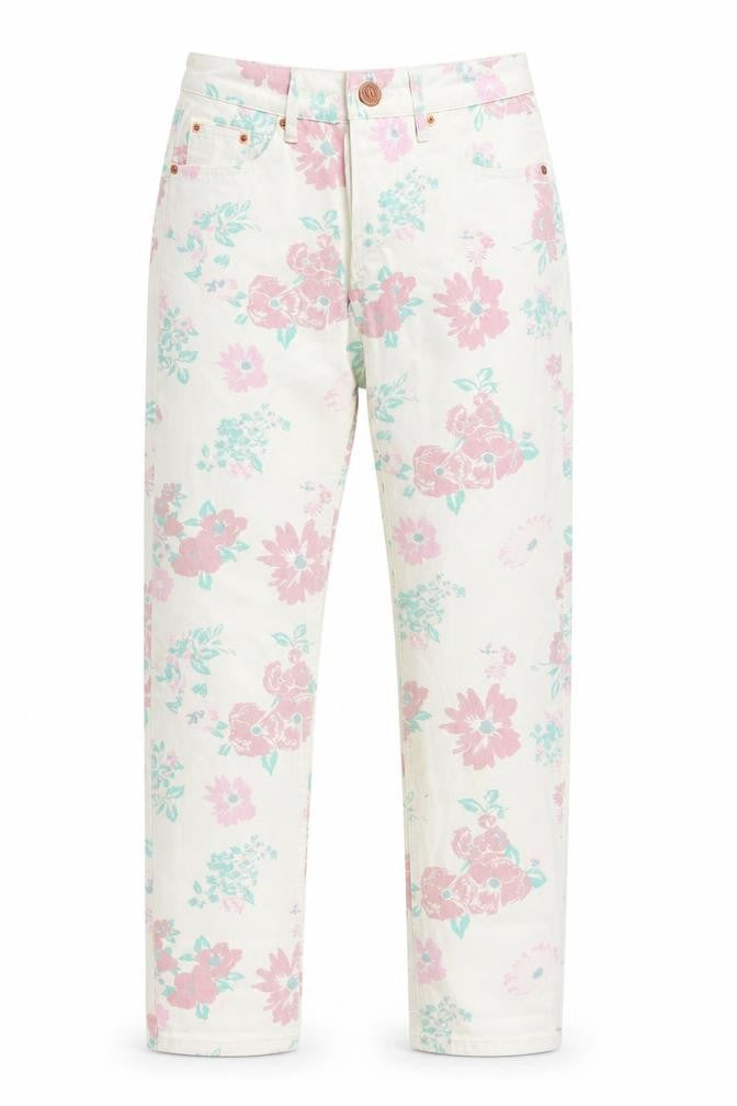 Front view of River Island women’s multicoloured floral cotton straight jeans, size UK 6, regular zip