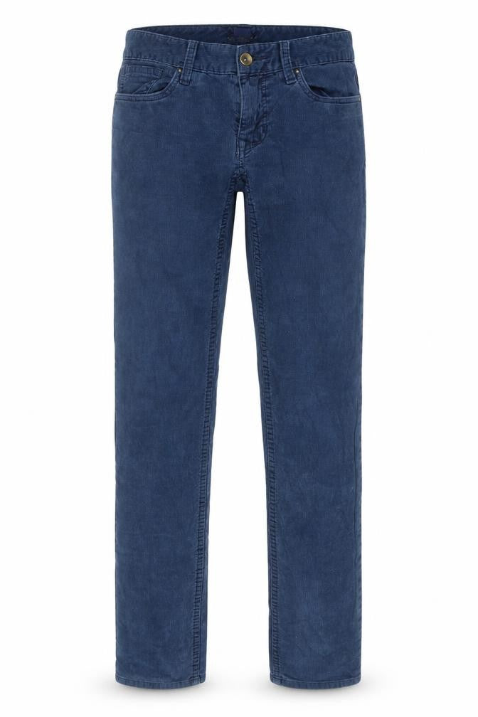 Front view of Rugby women’s blue cotton trousers, size UK 26, in regular zip