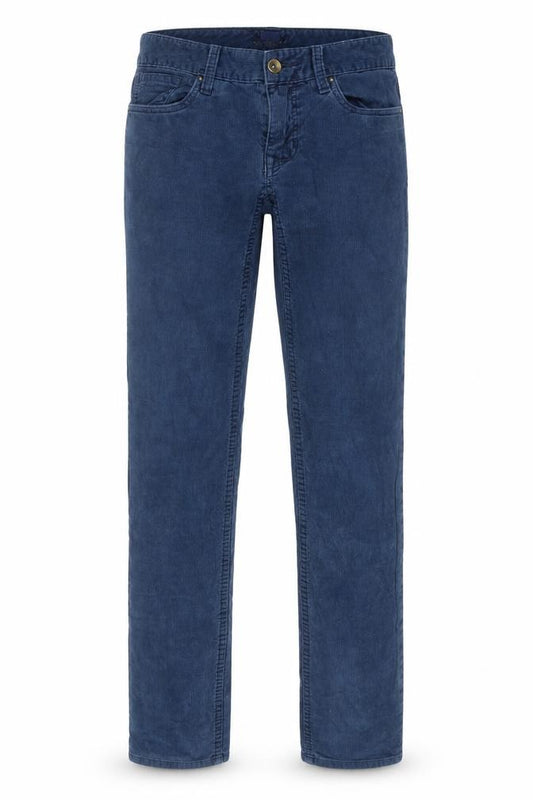 Front view of Rugby women’s blue cotton trousers, size UK 26, in regular zip