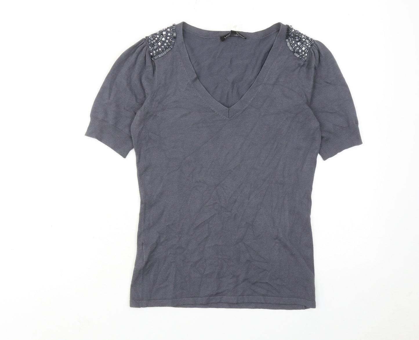 Laura Ashley Womens Grey V-Neck Viscose Pullover Jumper Size 8