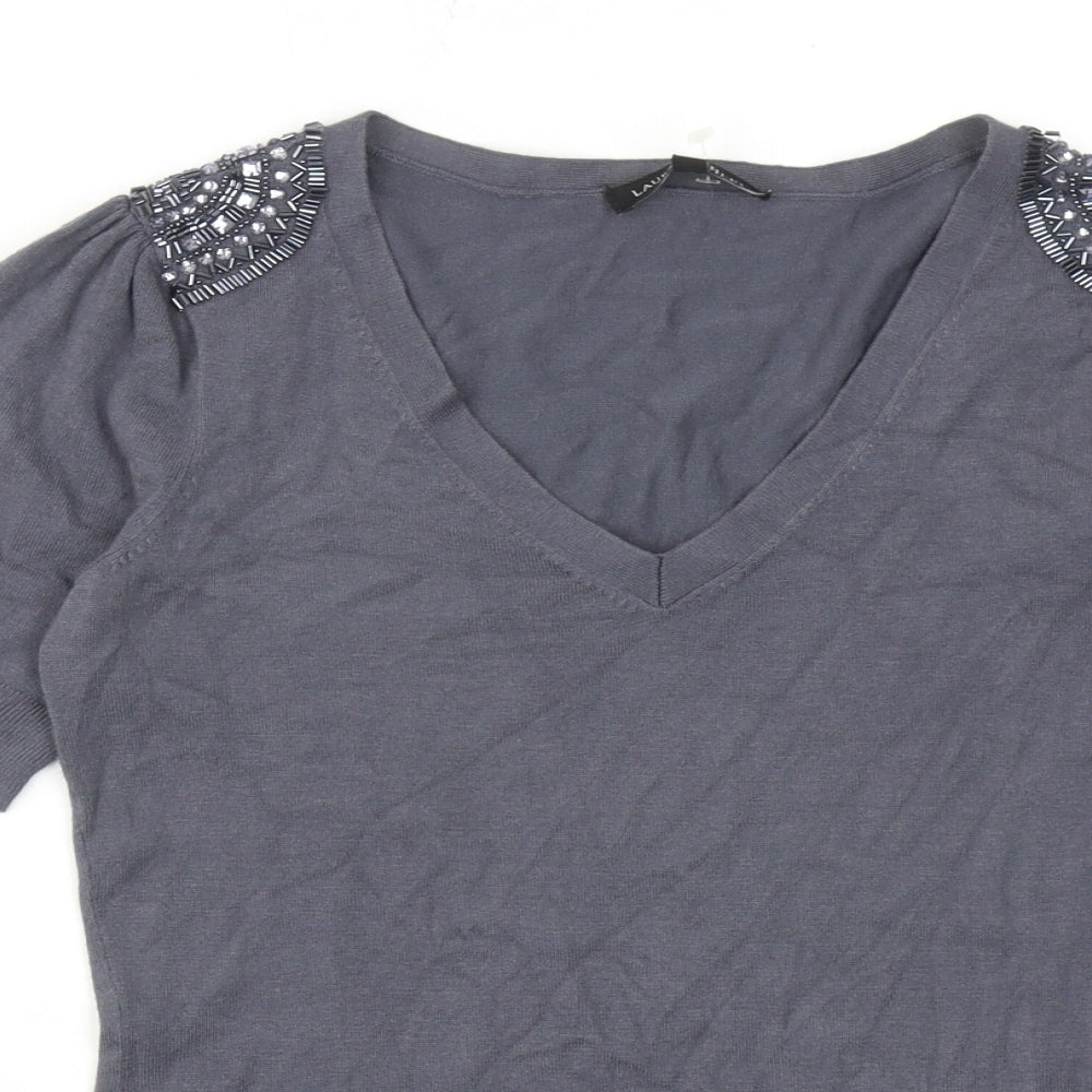 Laura Ashley Womens Grey V-Neck Viscose Pullover Jumper Size 8