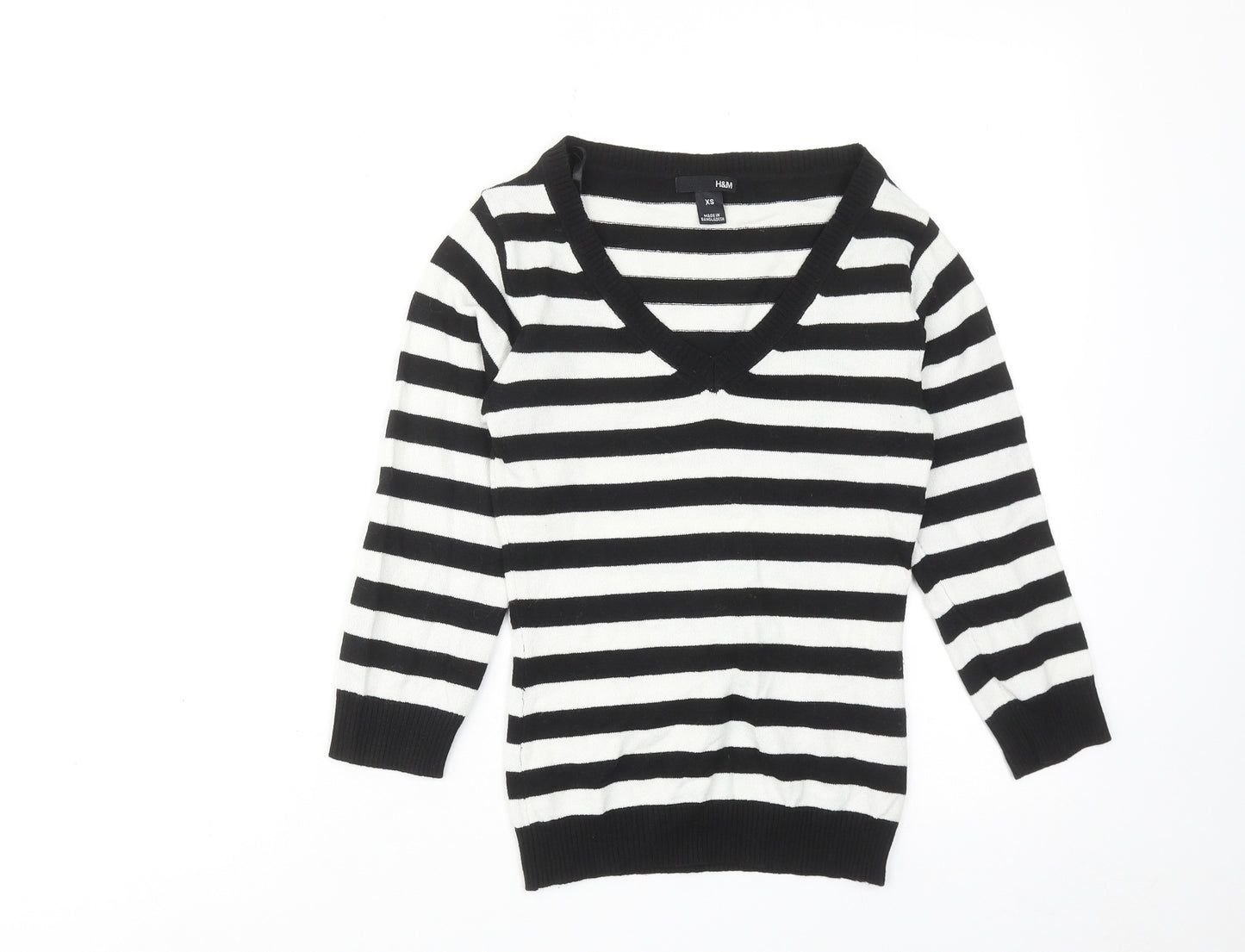 H&M Womens Black V-Neck Striped Acrylic Pullover Jumper Size XS