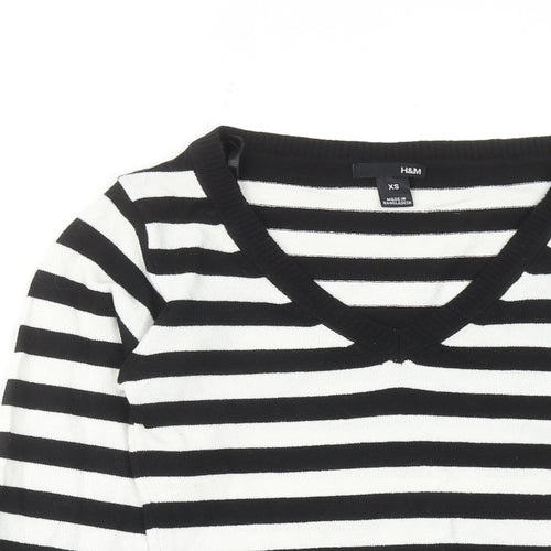 H&M Womens Black V-Neck Striped Acrylic Pullover Jumper Size XS