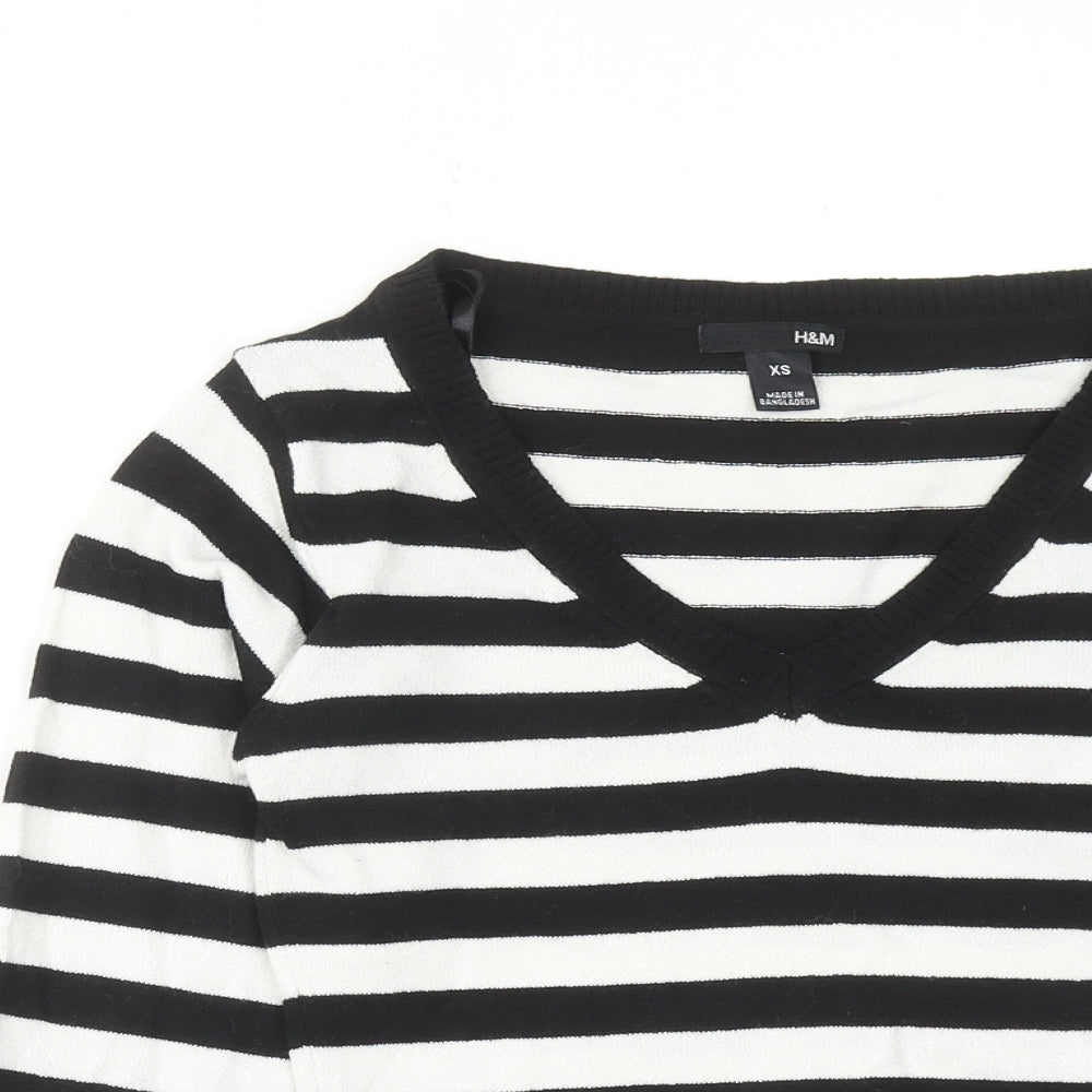 H&M Womens Black V-Neck Striped Acrylic Pullover Jumper Size XS