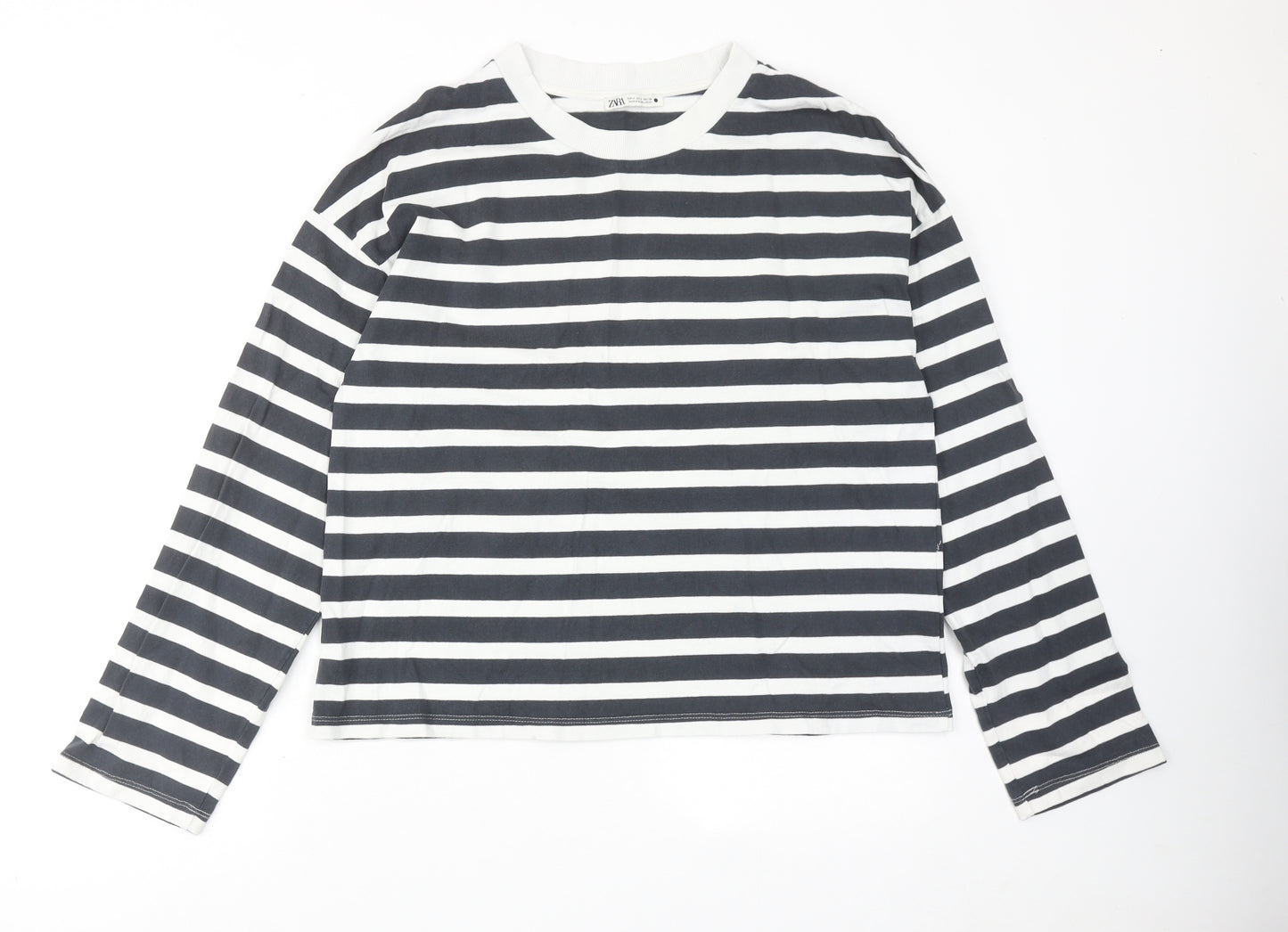 Zara Womens Black Striped Cotton Basic Blouse Size M Round Neck