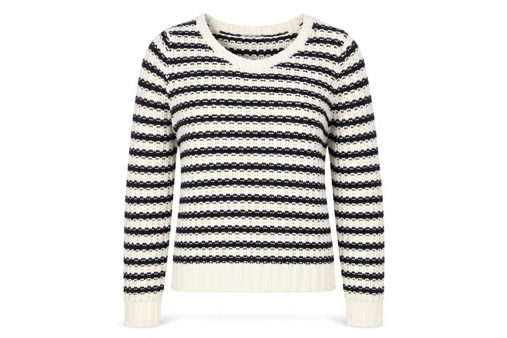 Front view of Gap women’s ivory round neck striped cotton jumper, size XS