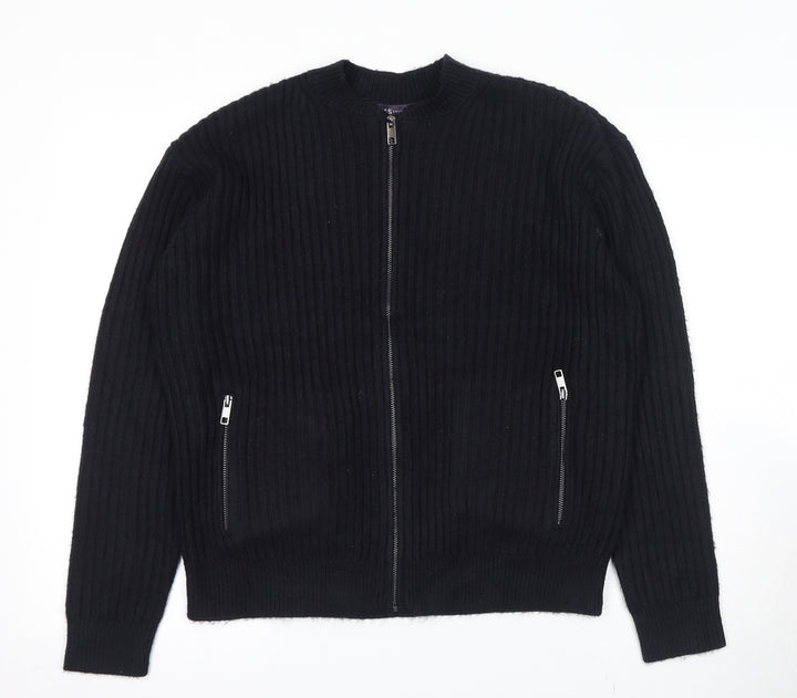 Marks and Spencer Womens Black Round Neck Polyester Full Zip Jumper Size M