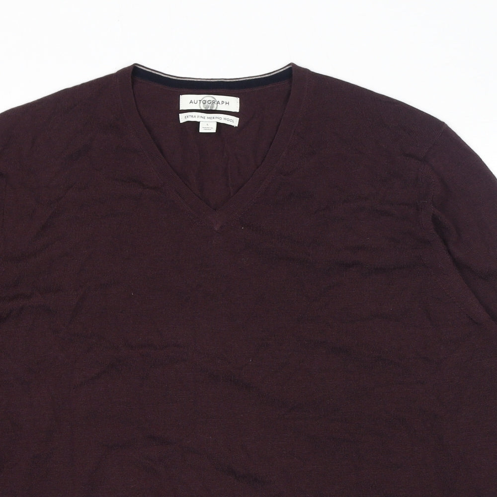 Autograph Womens Red V-Neck Wool Pullover Jumper Size L