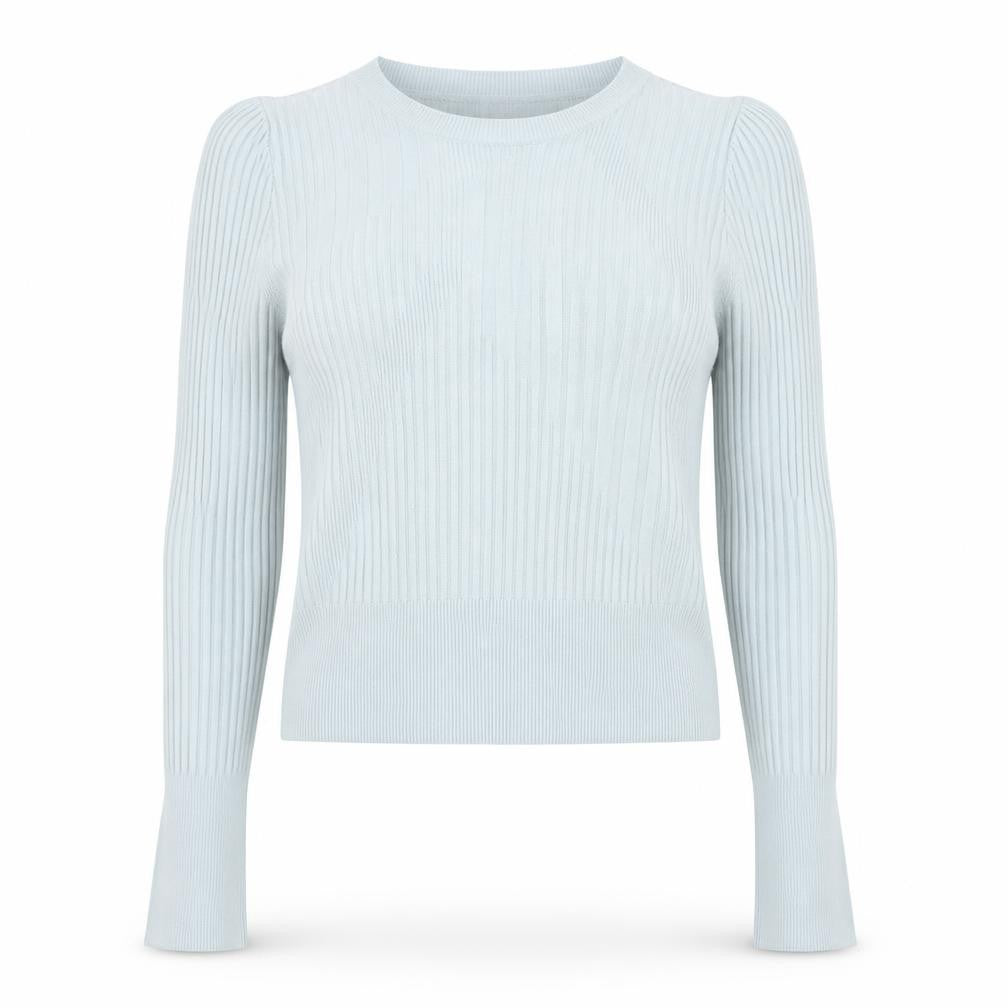 Front view of Topshop women’s blue round neck viscose jumper, size UK 8
