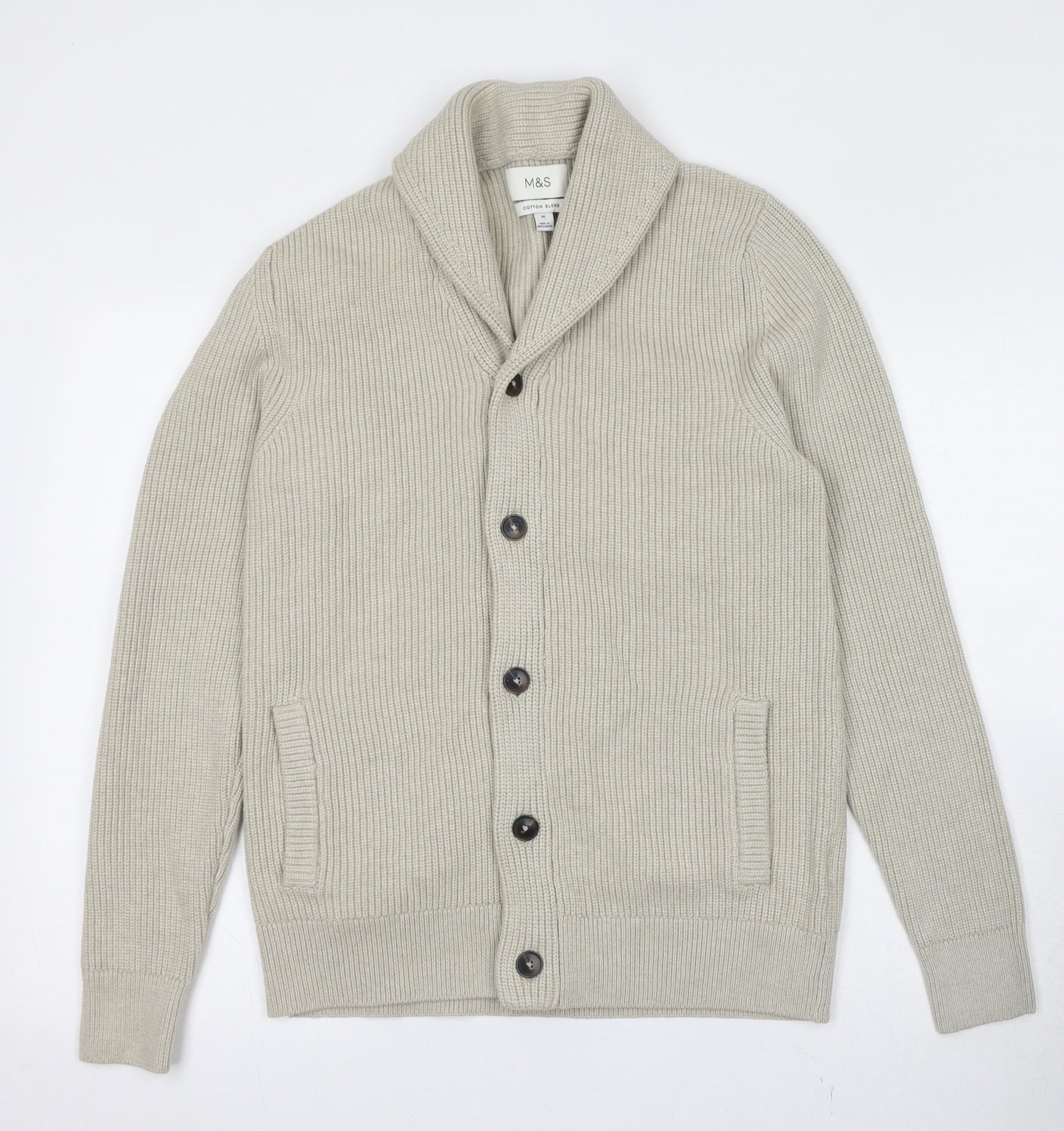 Marks and Spencer Mens Beige Collared Polyester Cardigan Jumper Size M Long Sleeve