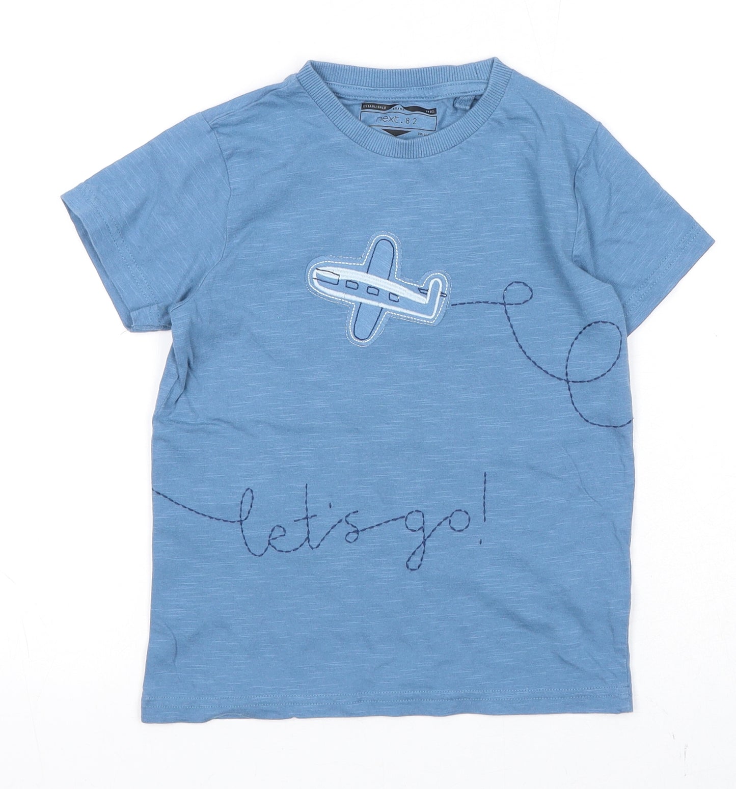 NEXT Boys Blue Cotton Basic T-Shirt Size 4-5 Years Round Neck Pullover - Let's Go! Aeroplane