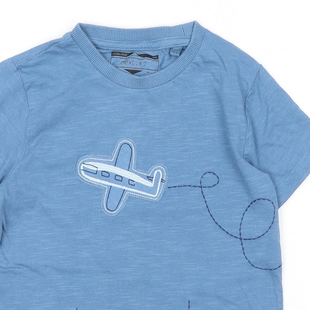 NEXT Boys Blue Cotton Basic T-Shirt Size 4-5 Years Round Neck Pullover - Let's Go! Aeroplane
