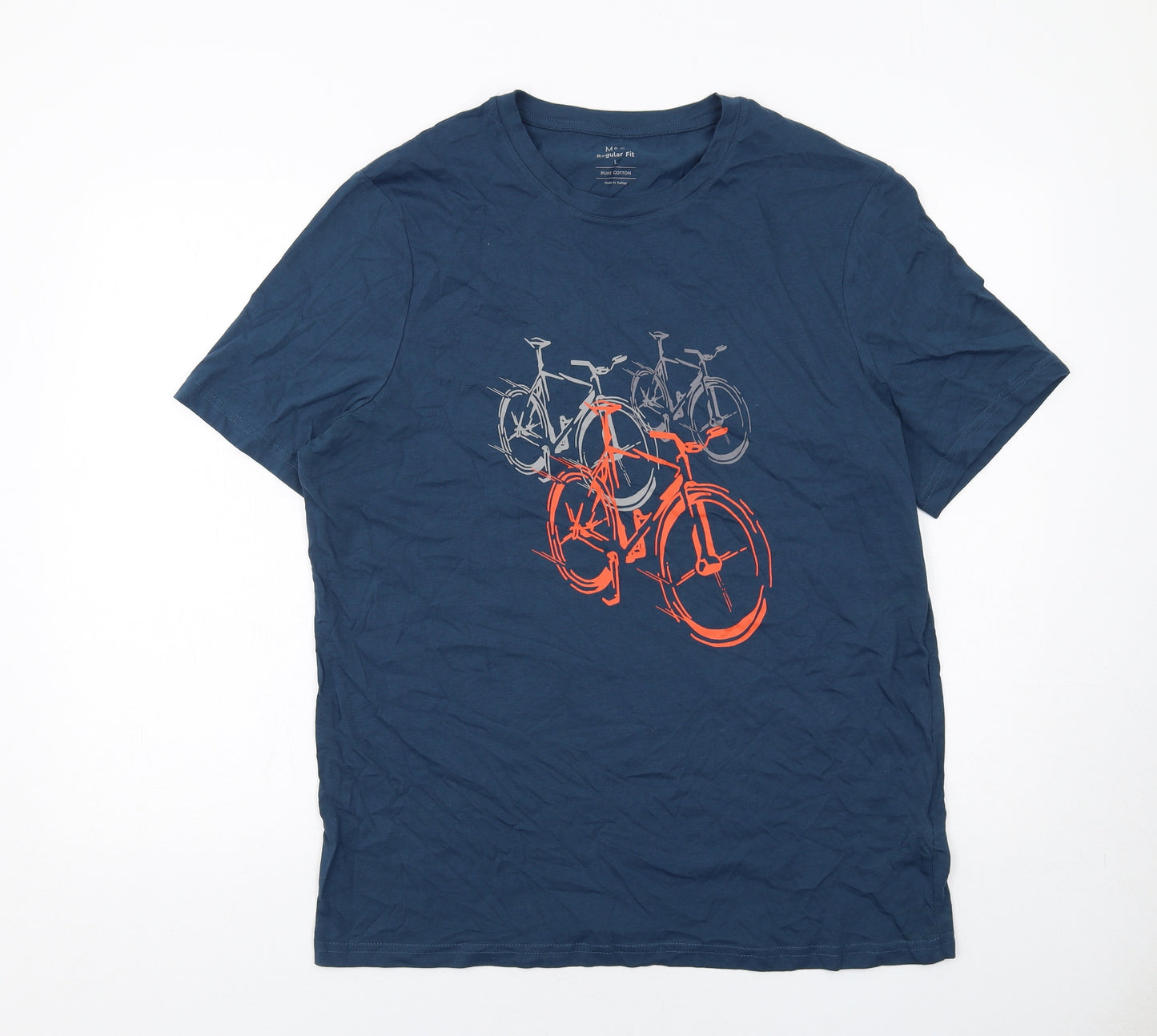 Marks and Spencer Mens Blue Cotton T-Shirt Size L Round Neck - Bicycle
