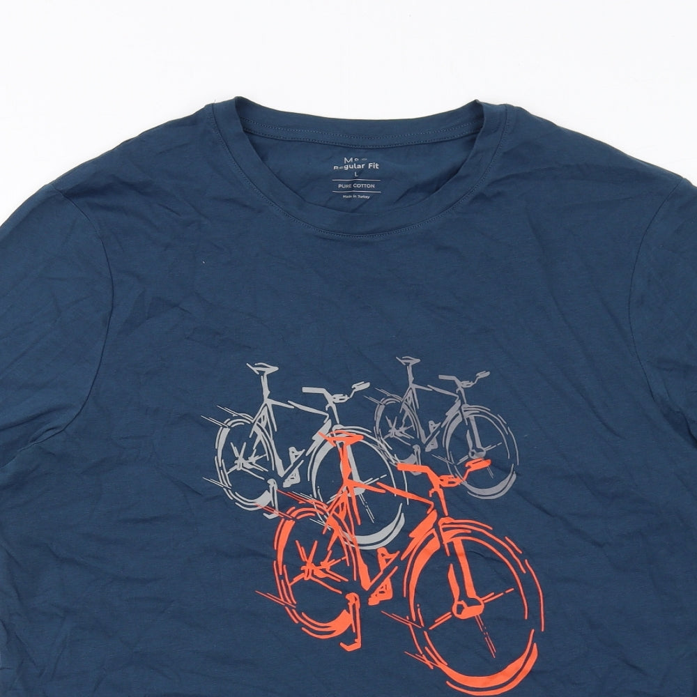 Marks and Spencer Mens Blue Cotton T-Shirt Size L Round Neck - Bicycle