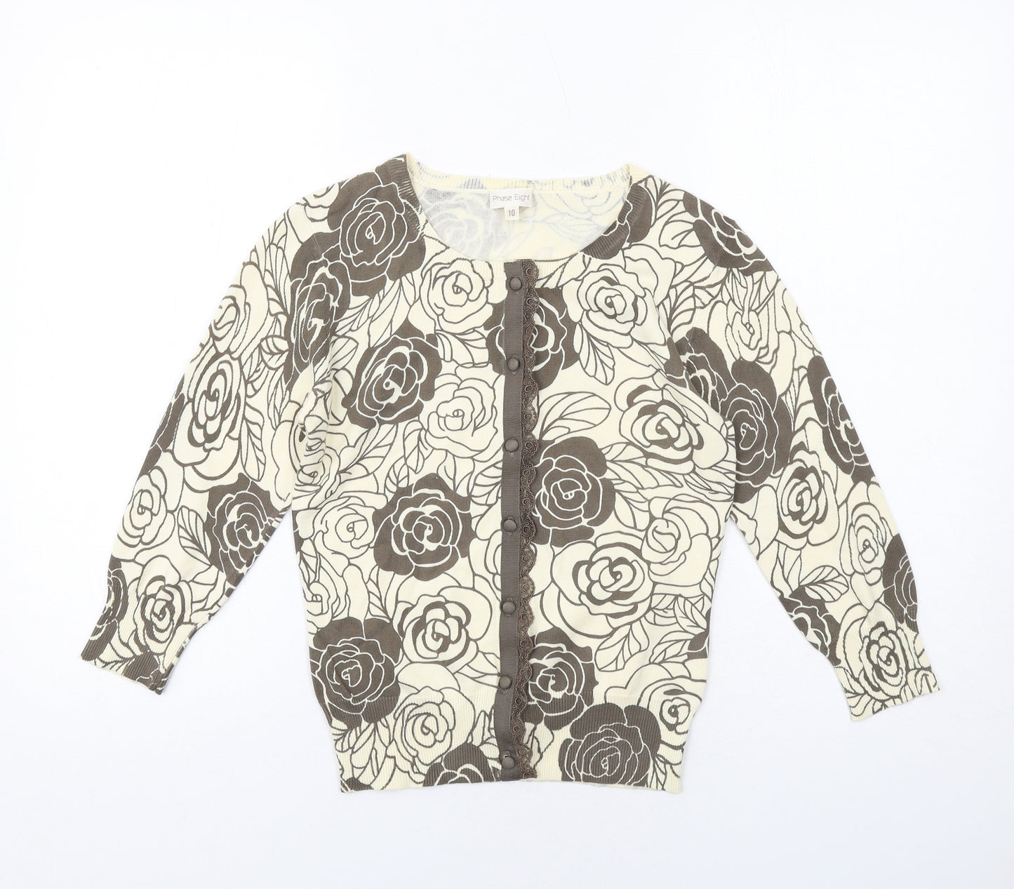 Phase Eight Womens Ivory Round Neck Floral Cotton Cardigan Jumper Size 10