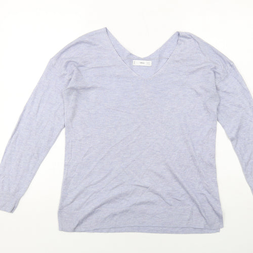 Mango Womens Blue V-Neck Acrylic Pullover Jumper Size S