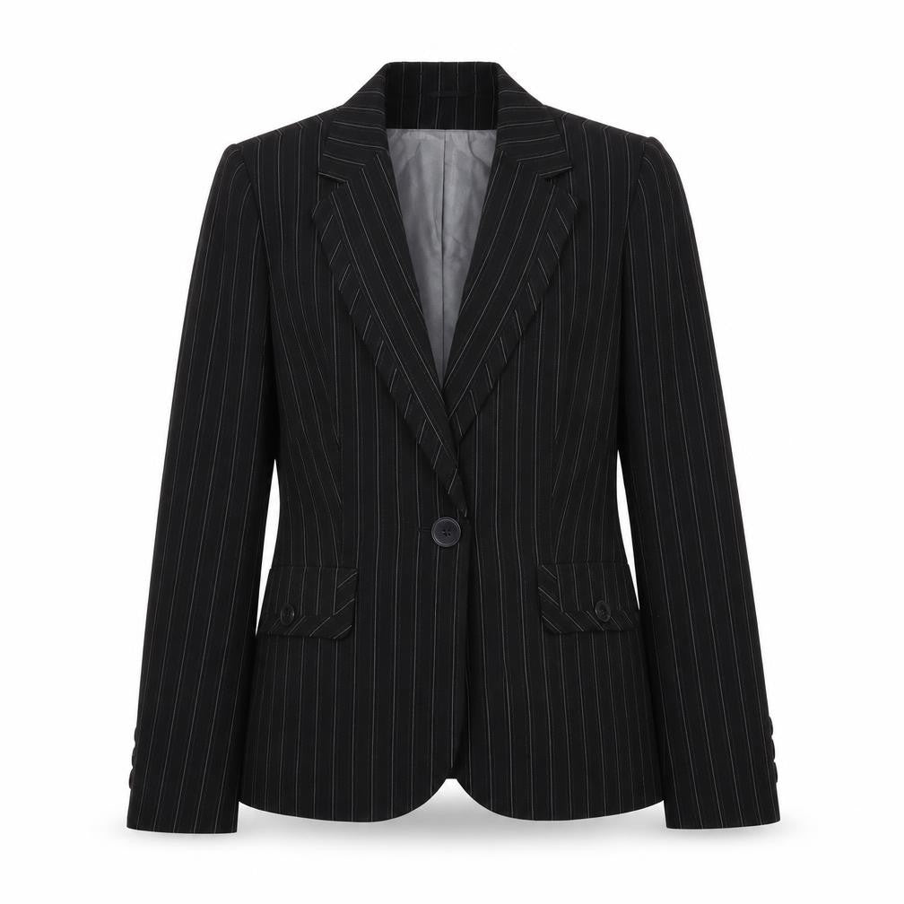 Front view of Marks & Spencer women’s black striped polyester jacket suit jacket, size UK 12