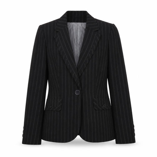 Front view of Marks & Spencer women’s black striped polyester jacket suit jacket, size UK 12