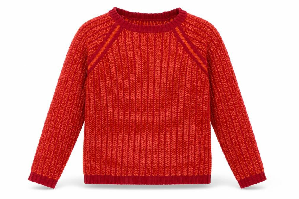 Front view of Marks & Spencer women’s red round neck acrylic jumper, size UK 12