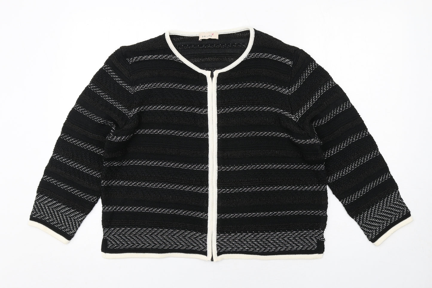 Per Una Womens Black Round Neck Striped Acrylic Full Zip Jumper Size 18