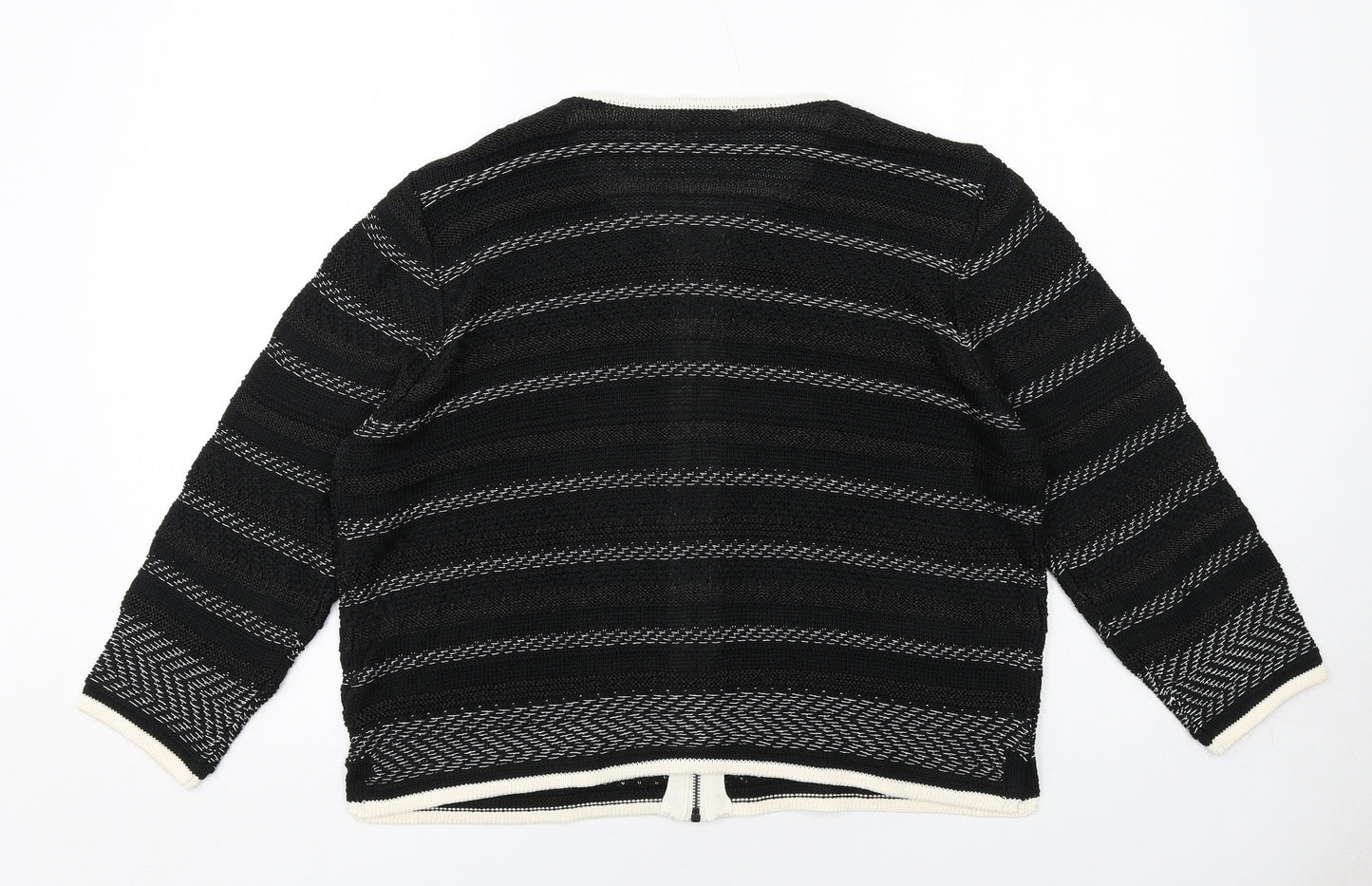 Per Una Womens Black Round Neck Striped Acrylic Full Zip Jumper Size 18