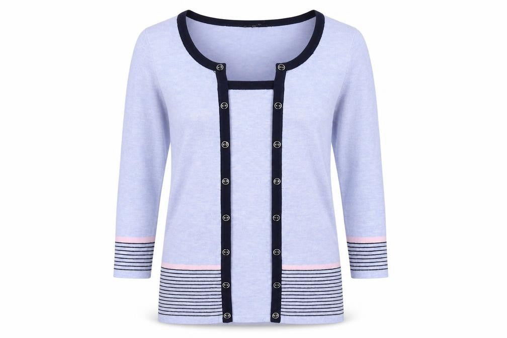 Front view of M&Co women’s blue round neck viscose jumper, size UK 8