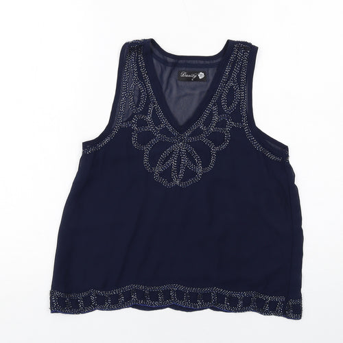 Dainty Womens Blue Polyester Basic Tank Size S V-Neck