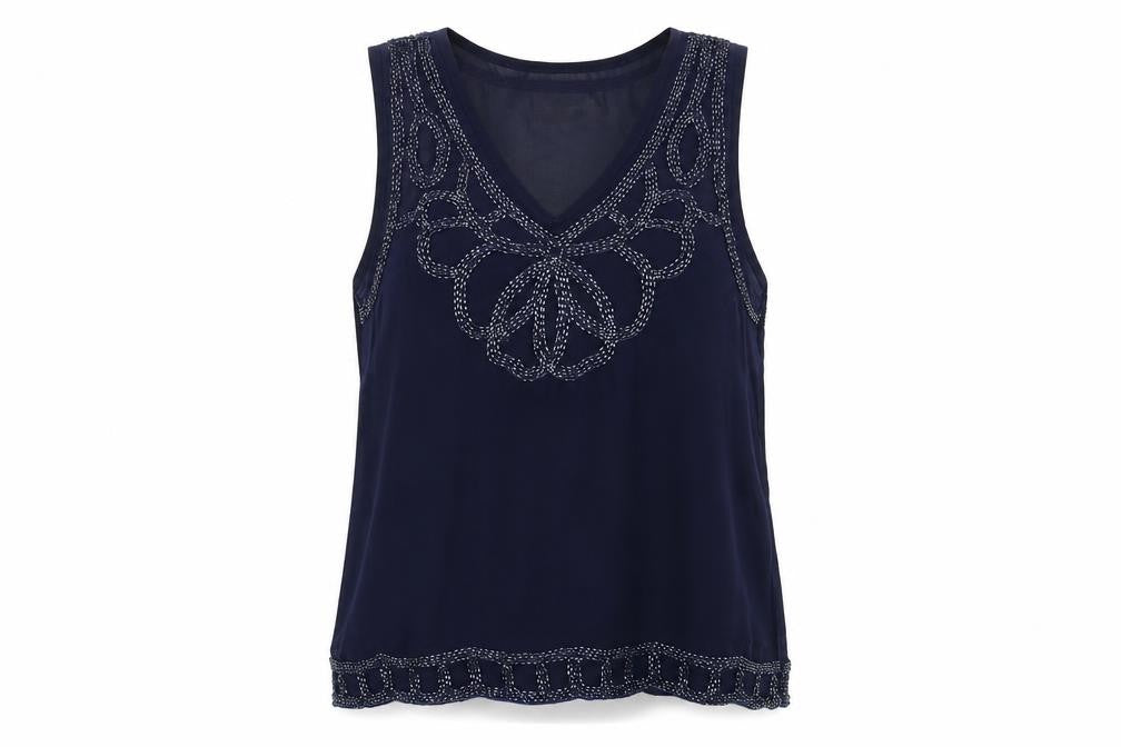Dainty Womens Blue Polyester Basic Tank Size S V-Neck
