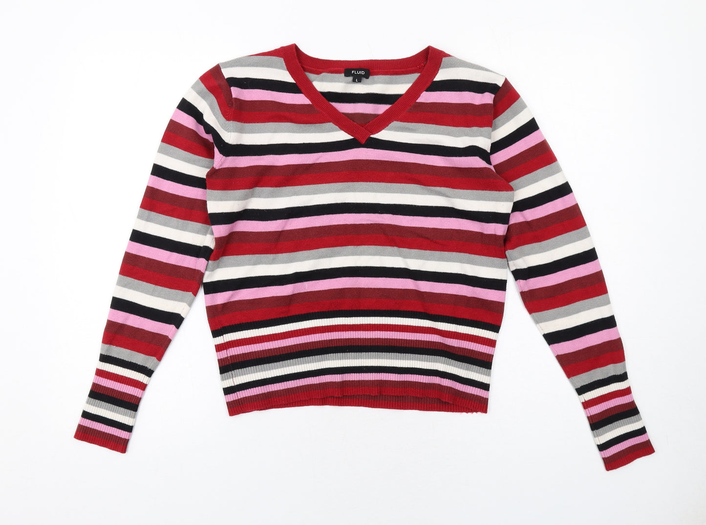Fluid Womens Multicoloured V-Neck Striped Acrylic Pullover Jumper Size L