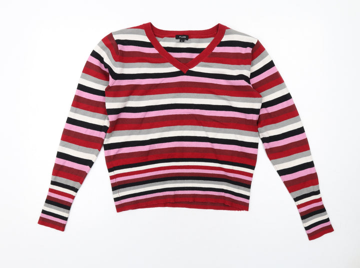 Fluid Womens Multicoloured V-Neck Striped Acrylic Pullover Jumper Size L