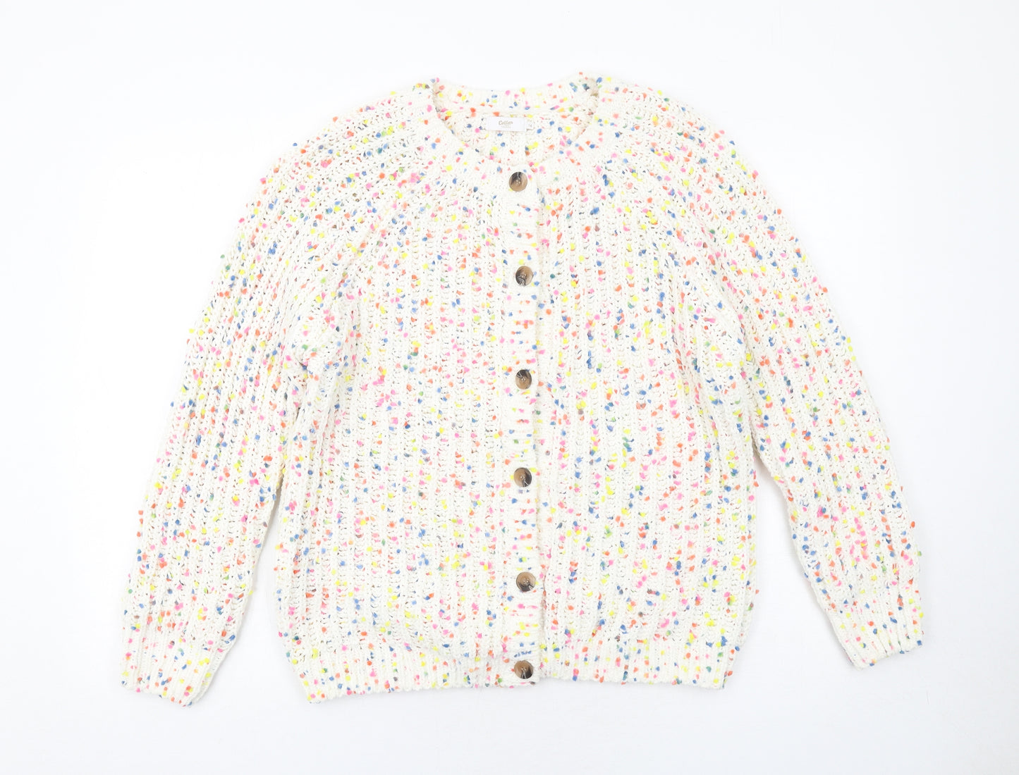 Cotton Traders Womens Ivory Round Neck Polyester Cardigan Jumper Size 14