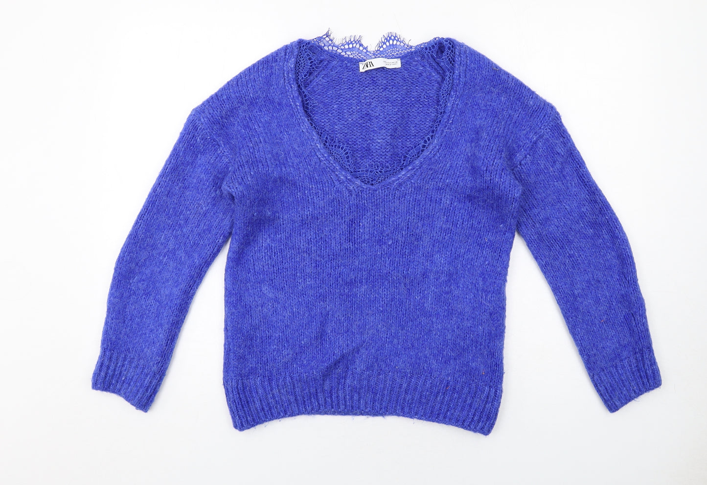 Zara Womens Blue V-Neck Polyamide Pullover Jumper Size S - Lace Trim