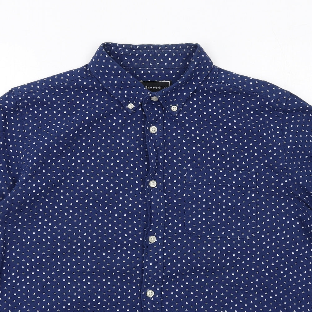 Red Herring Mens Blue Geometric Cotton Button-Up Size M Collared Button