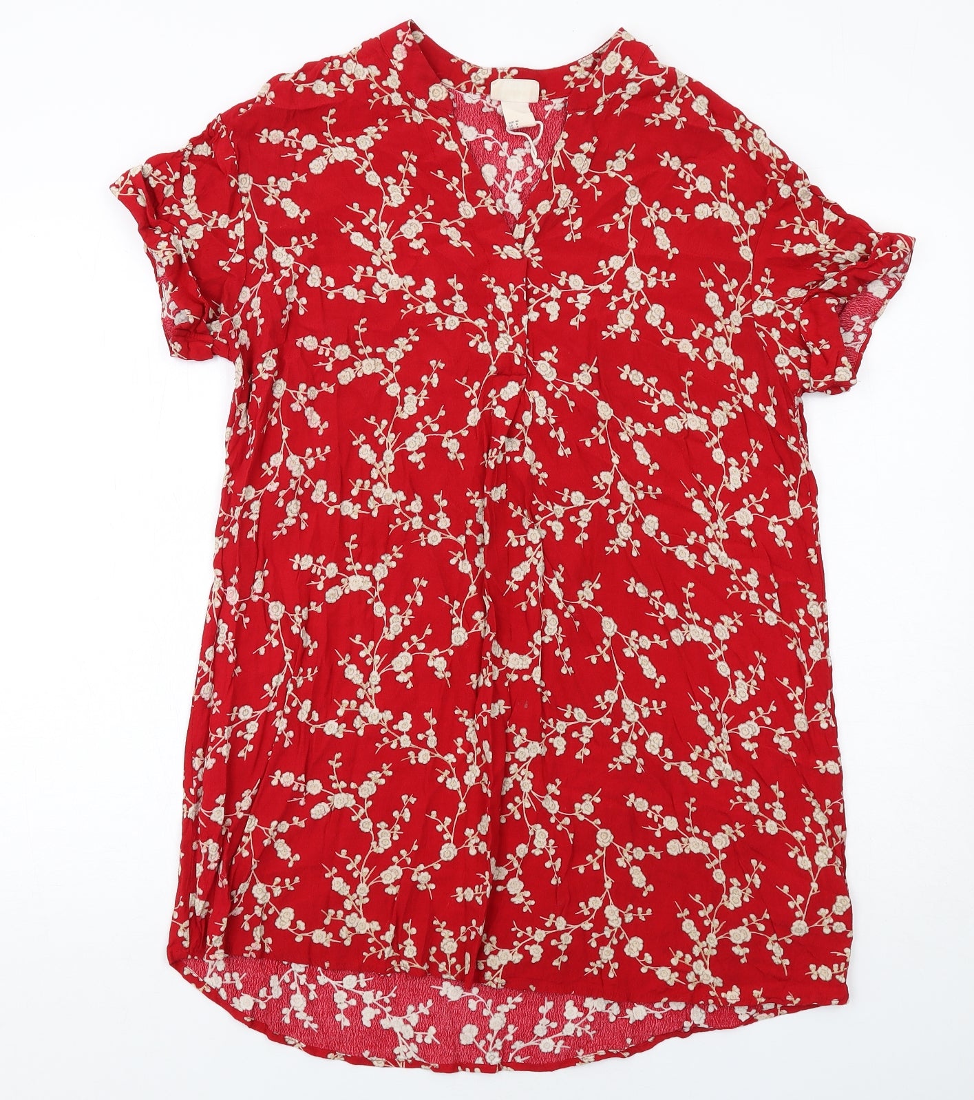 H&M Womens Red Floral Viscose A-Line Size 12 V-Neck Pullover