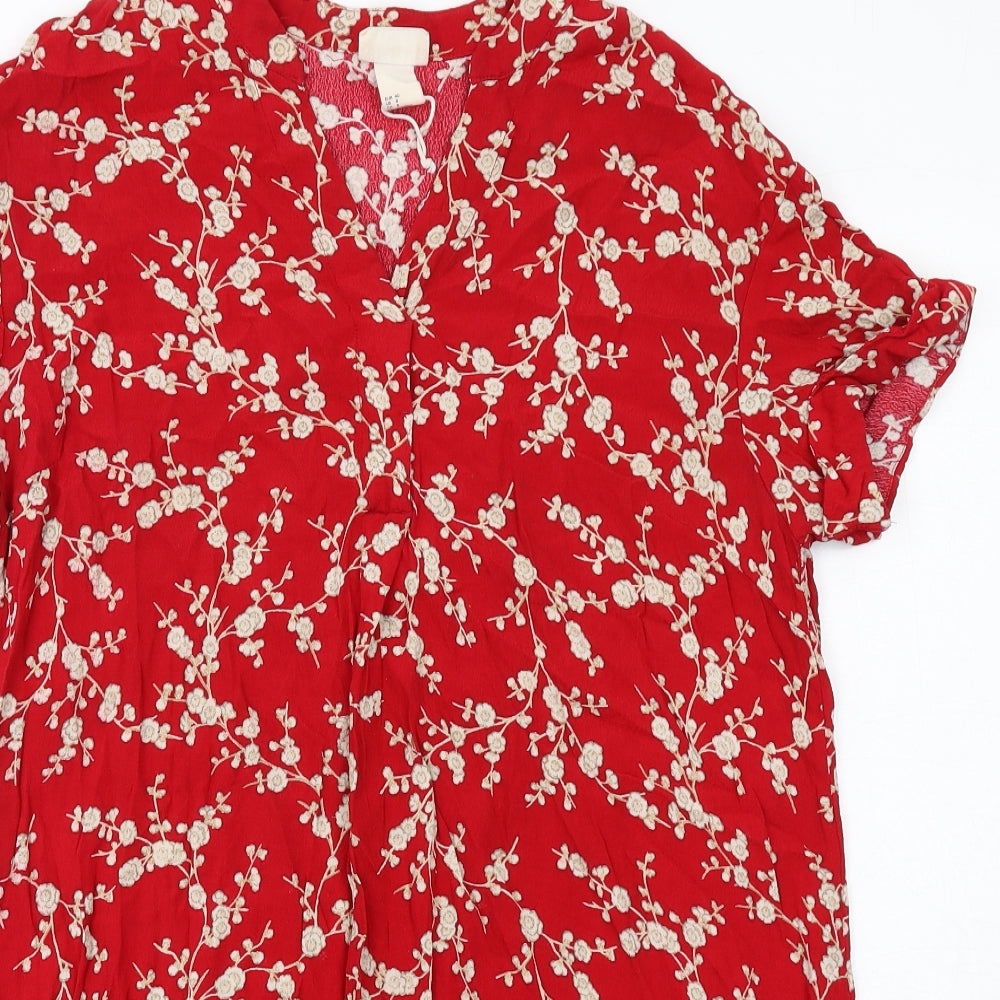 H&M Womens Red Floral Viscose A-Line Size 12 V-Neck Pullover