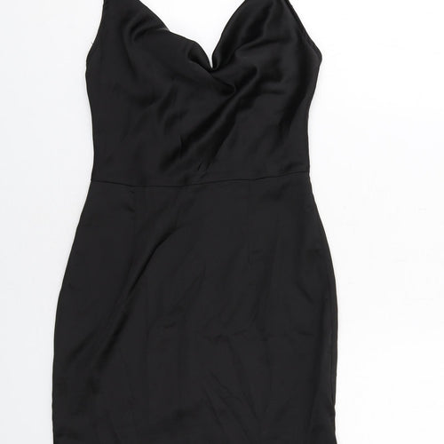 PRETTYLITTLETHING Womens Black Polyester Slip Dress Size 6 Cowl Neck Zip
