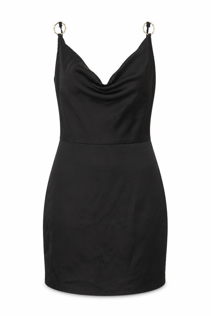 Front view of PRETTYLITTLETHING women’s black polyester slip dress, size UK 6, cowl neck zip