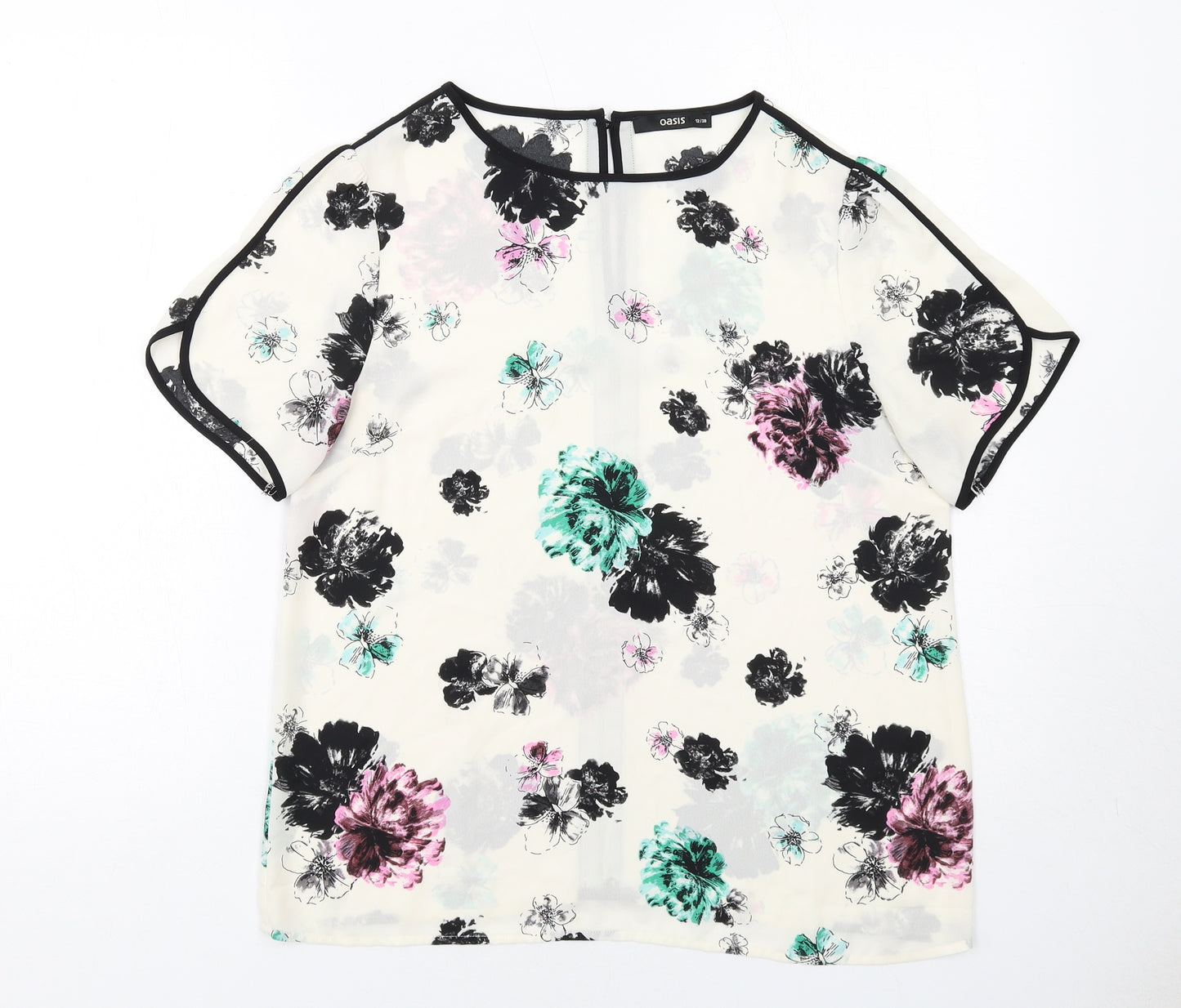 Oasis Womens Ivory Floral Polyester Basic Blouse Size 12 Round Neck