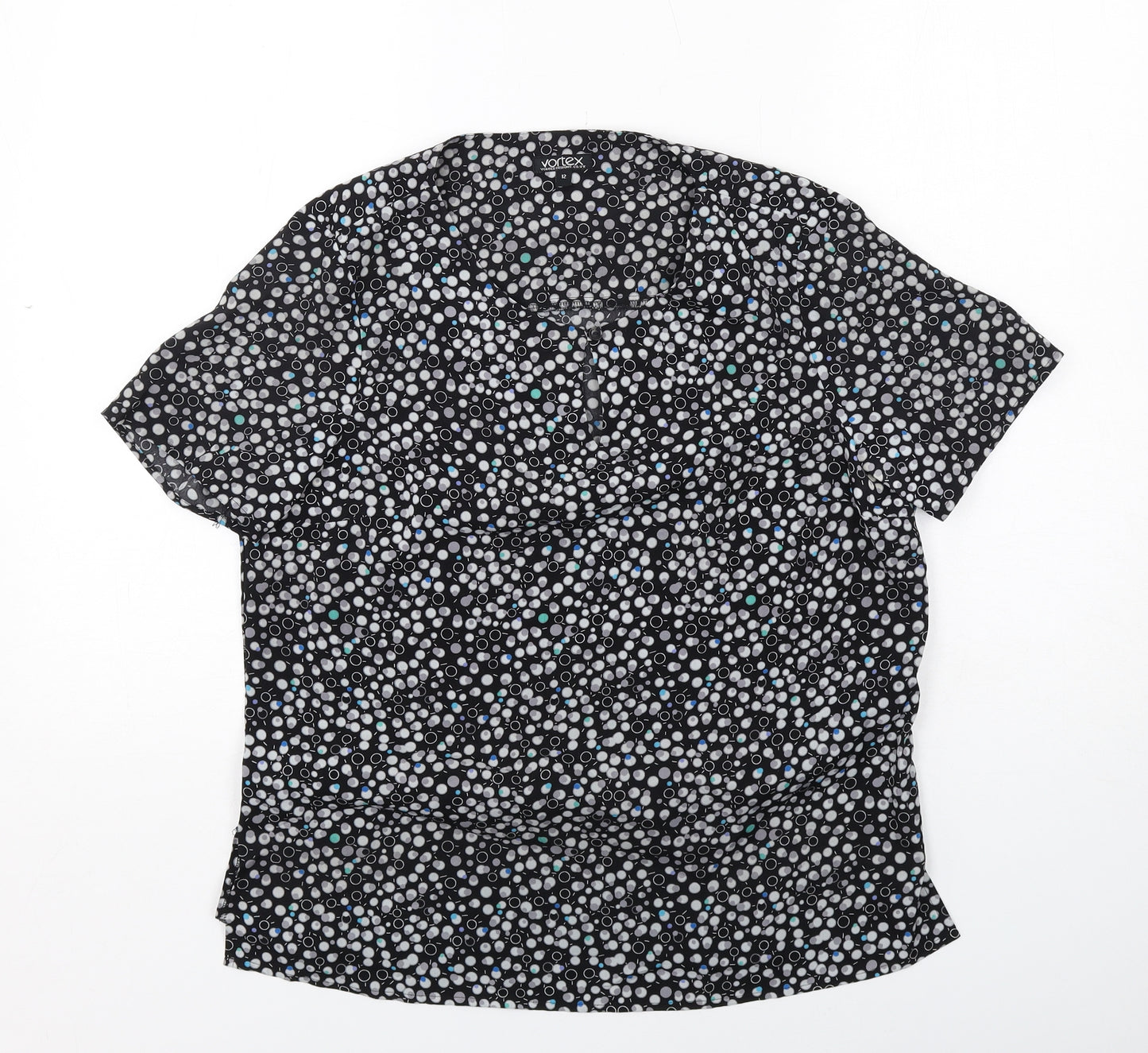 Vortex Womens Black Geometric Polyester Basic Blouse Size 12 Round Neck
