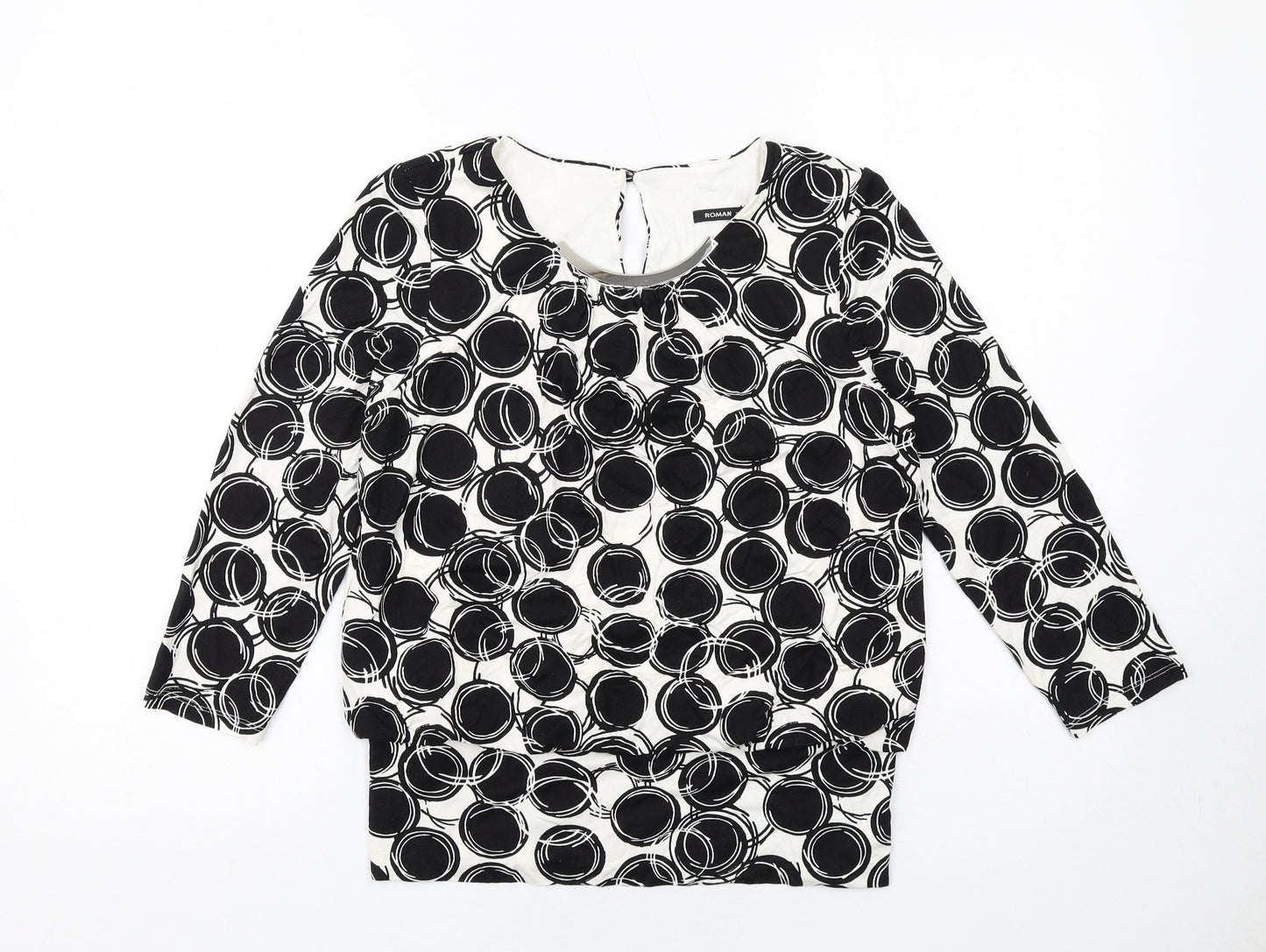 Roman Womens Black Geometric Viscose Basic Blouse Size 10 Round Neck