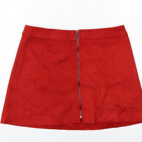 Zara Womens Red Polyester A-Line Skirt Size M Zip