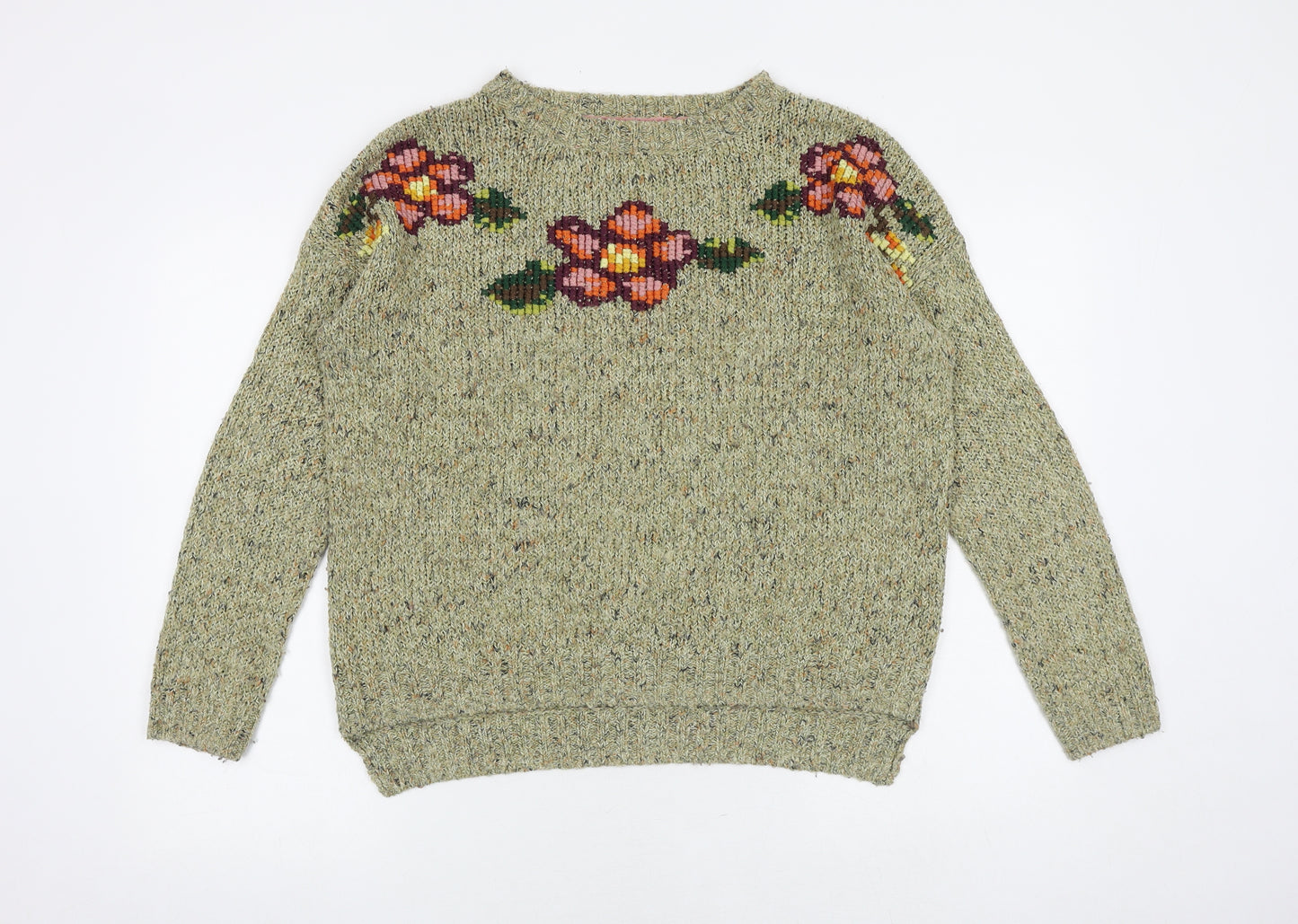 White Stuff Womens Multicoloured Round Neck Acrylic Pullover Jumper Size 12 - Flower Detail