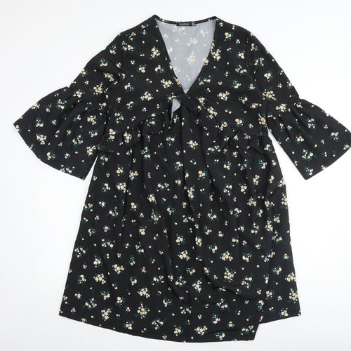 Boohoo Womens Black Floral Polyester A-Line Size 10 V-Neck - Flute Sleeve