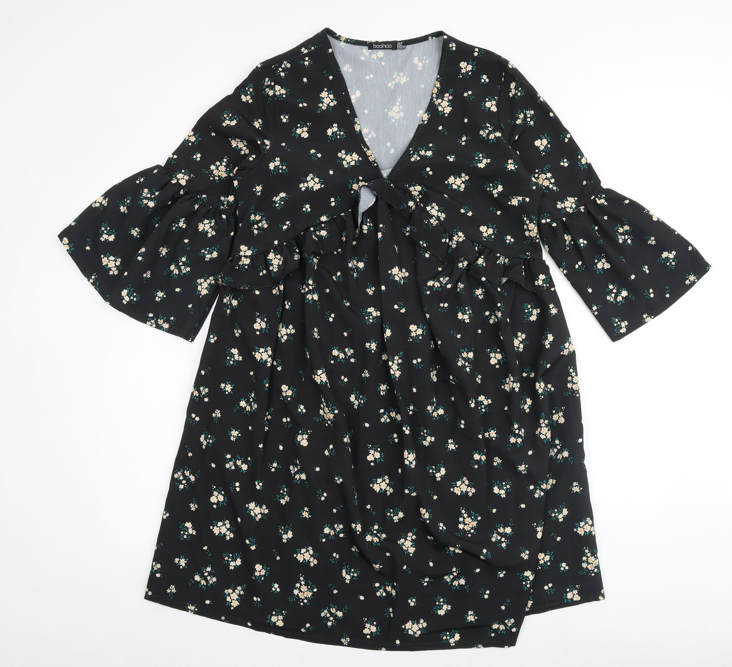 Boohoo Womens Black Floral Polyester A-Line Size 10 V-Neck - Flute Sleeve